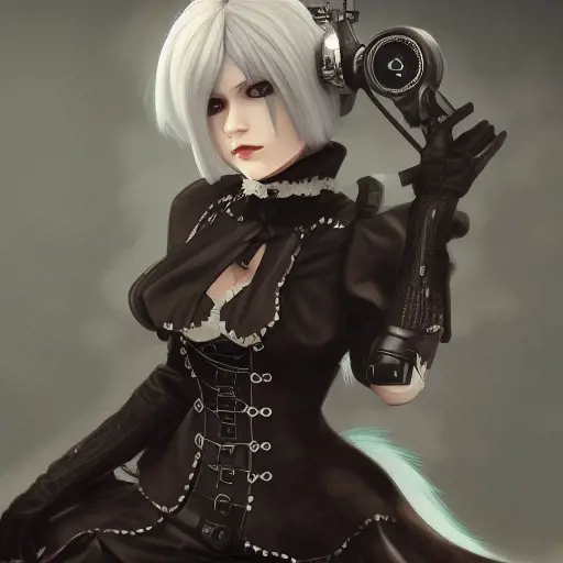 Steampunk portrait of 2B from Nier Automata, Highly Detailed,Intricate,Artstation,Beautiful,Digital Painting,Sharp Focus,Concept Art,Elegant