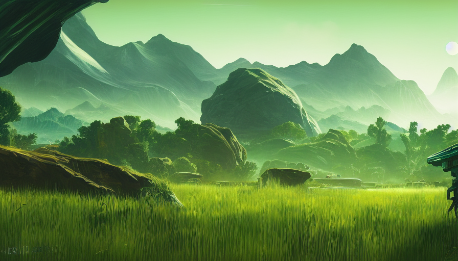 Luscious green landscape of No Mans Sky, Highly Detailed,Intricate,Artstation,Beautiful,Digital Painting,Sharp Focus,Concept Art,Elegant