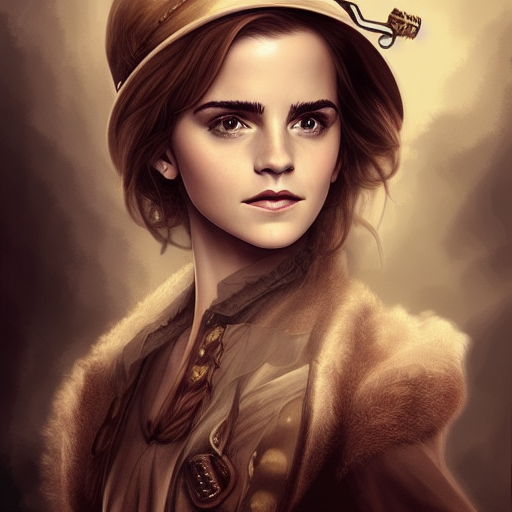 Steampunk portrait of Emma Watson, Highly Detailed,Intricate,Artstation,Beautiful,Digital Painting,Sharp Focus,Concept Art,Elegant
