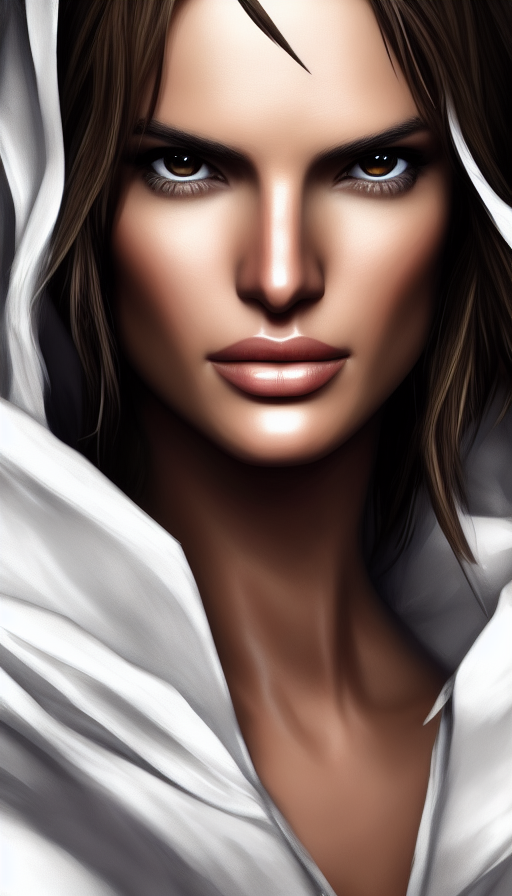 Closeup of Alessandra Ambrosio in white Assassin's Creed style, 8k,Highly Detailed,Artstation,Beautiful,Digital Illustration,Sharp Focus,Unreal Engine,Concept Art