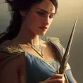 Closeup of Kassandra in Assassin's Creed style, Highly Detailed,Intricate,Artstation,Beautiful,Digital Painting,Sharp Focus,Concept Art,Elegant, by Alphonse Mucha,by Greg Rutkowski