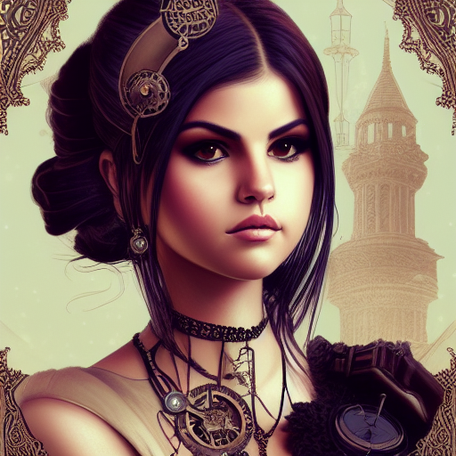 Steampunk portrait of Selena Gomez, Highly Detailed,Intricate,Artstation,Beautiful,Digital Painting,Sharp Focus,Concept Art,Elegant