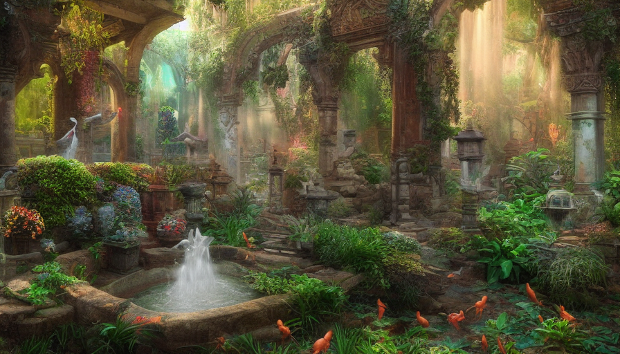 Beautiful hyperrealistic secret garden in the middle of temple ruins, water fountain, birds flying, Highly Detailed,Trending on Artstation,Epic,Digital Painting,Cinematic Lighting,Vibrant Colors,Concept Art