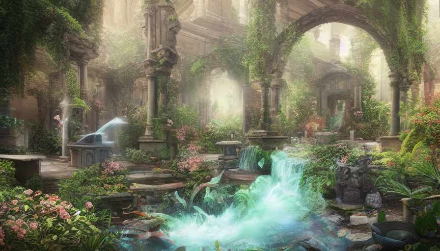 Beautiful hyperrealistic secret garden in the middle of temple ruins, water fountain, birds flying, Highly Detailed,Trending on Artstation,Epic,Digital Painting,Cinematic Lighting,Vibrant Colors,Concept Art