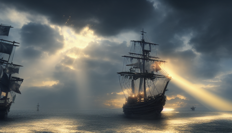 Pirate ship sailing with glowing birds near the ship, blue sunrays piercing the clouds crepuscular rays, 4k resolution,Trending on Artstation,Matte Painting,Wallpaper,Stormy Day,Sunny Day,Bloom light effect,Cinematic Lighting,Volumetric Lighting,Concept Art,Digital Art