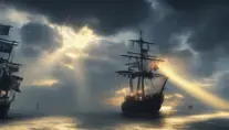 Pirate ship sailing with glowing birds near the ship, blue sunrays piercing the clouds crepuscular rays, 4k resolution,Trending on Artstation,Matte Painting,Wallpaper,Stormy Day,Sunny Day,Bloom light effect,Cinematic Lighting,Volumetric Lighting,Concept Art,Digital Art
