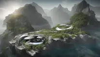 A futuristic residential brutalistic architecture build at the center of a huge vertical ringed shaped mountain with forest on the top in the center of the ocean, Highly Detailed,Photo Realistic,Realistic,Unreal Engine,Dynamic Lighting,Studio light