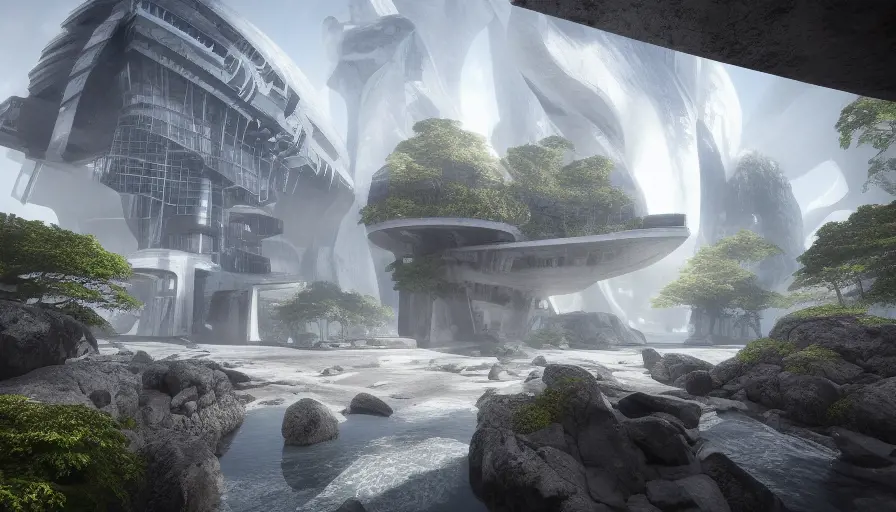 A futuristic residential brutalistic architecture build at the center of a huge vertical ringed shaped mountain with forest on the top in the center of the ocean, Highly Detailed,Photo Realistic,Realistic,Unreal Engine,Dynamic Lighting,Studio light