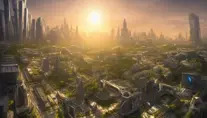 Futuristic utopian city, central hub, spiral white buildings, golden sunset, research complex, well lit streets, green trees, Highly Detailed,Trending on Artstation,Beautiful,Sci-Fi