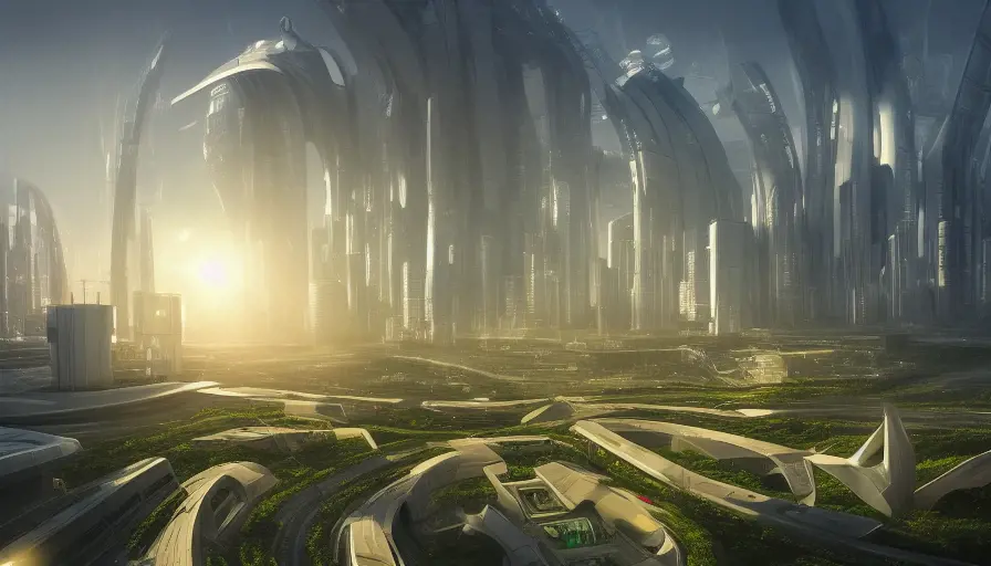 Futuristic utopian city, central hub, spiral white buildings, golden sunset, research complex, well lit streets, green trees, Highly Detailed,Trending on Artstation,Beautiful,Sci-Fi