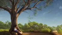 A man sitting under a coolibah tree in the australian bush, near a river, Award-Winning,Hyper Detailed,Intricate,Trending on Artstation,Digital Painting,Dynamic Lighting,Concept Art,Landscape,Bright