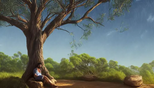 A man sitting under a coolibah tree in the australian bush, near a river, Award-Winning,Hyper Detailed,Intricate,Trending on Artstation,Digital Painting,Dynamic Lighting,Concept Art,Landscape,Bright