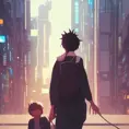 Portrait of a mother and son in a city, Highly Detailed,Artstation,Cyberpunk,Solarpunk,Digital Painting,Sharp Focus,Ambient Lighting,Concept Art,Anime, by Shinji Aramaki,by Makoto Shinkai,by  WLOP