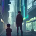 Portrait of a mother and son in a city, Highly Detailed,Artstation,Cyberpunk,Solarpunk,Digital Painting,Sharp Focus,Ambient Lighting,Concept Art,Anime, by Shinji Aramaki,by Makoto Shinkai,by  WLOP