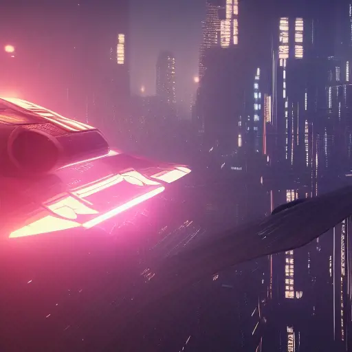 Magnificent futuristic vehicle flying through a cyberpunk city, Ultra Detailed,Trending on Artstation,Blade Runner 2049,Cinematic Lighting,Realistic,Octane Render