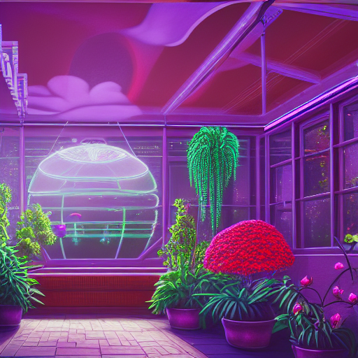 A beautiful render of city sunroom by georgia o'keeffe, galactic alien synthwave rainforest noir thermal imaging myst uv light, flowers, Highly Detailed,Digital Painting,Cinematic Lighting,Neon,Concept Art