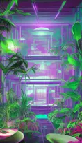 A beautiful render of city sunroom by georgia o'keeffe, galactic alien synthwave rainforest noir thermal imaging myst uv light, flowers, Highly Detailed,Digital Painting,Cinematic Lighting,Neon,Concept Art