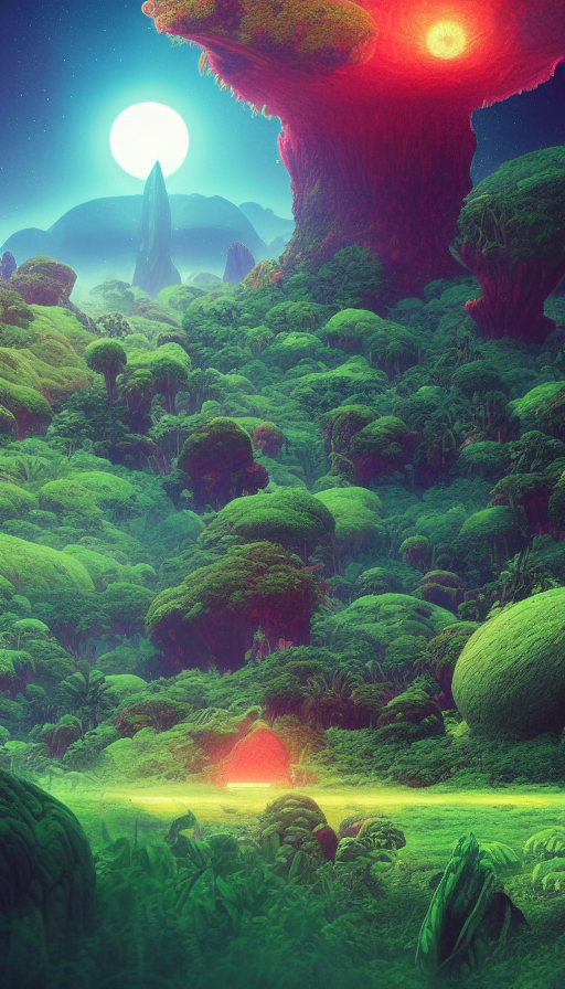 An amazing alien landscape with lush vegetation and colourful galaxy foreground, 8k,Highly Detailed,Artstation,Cinematic Lighting,Realistic,Octane Render,Unreal Engine,Concept Art,Digital Art, by  Beeple,by Syd Mead,by Kentaro Miura,by Makoto Shinkai