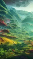 An amazing alien landscape with lush vegetation and colourful galaxy foreground, 8k,Highly Detailed,Artstation,Cinematic Lighting,Realistic,Octane Render,Unreal Engine,Concept Art,Digital Art, by  Beeple,by Syd Mead,by Kentaro Miura,by Makoto Shinkai