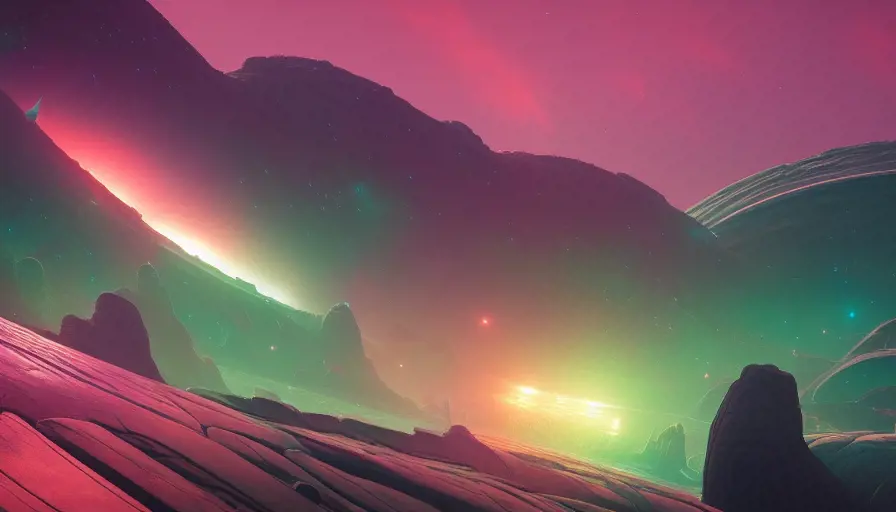 Amazing alien landscape with colourful galaxy background, 8k,Highly Detailed,Artstation,Cinematic Lighting,Realistic,Octane Render,Unreal Engine,Concept Art,Digital Art, by  Beeple,by Syd Mead,by Kentaro Miura,by Makoto Shinkai