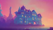 Beautiful digital painting of chateau in a serene Disney landscape, 4k,Retrowave,Matte Painting,Wallpaper,Dynamic Lighting,Romantic, by Anton Fadeev,by James Gilleard,by Makoto Shinkai