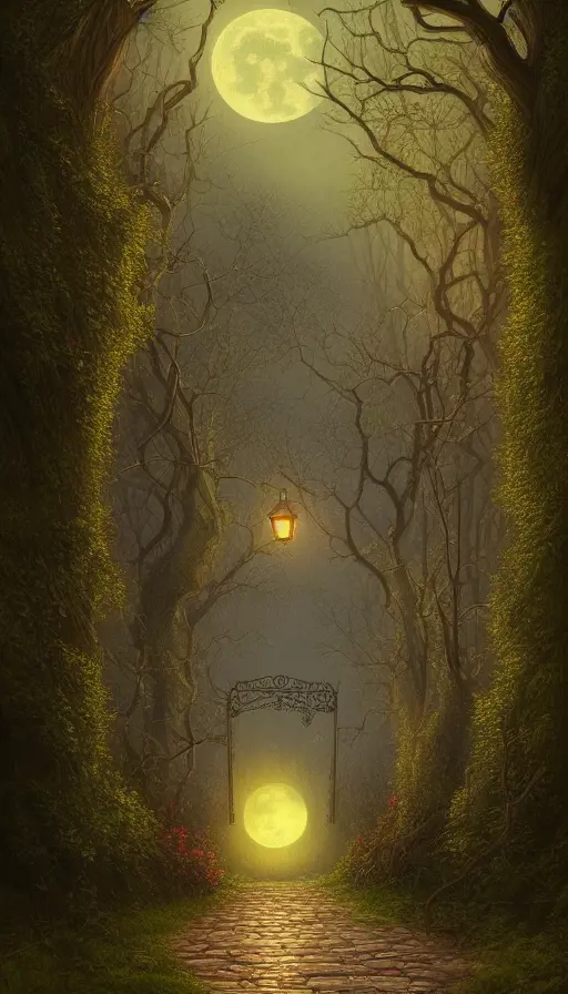 A beautiful digital illustration painting of a detailed gothic fantasy fireflies forest trees and iron gate cobblestone pathway vines full moon, 8k,Artstation,Digital Illustration,Concept Art, by Justin Gerard,by James Gurney