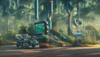 80s futuristic outdoor retro arcade, desolate, lush vegetation, Highly Detailed,Intricate,Artstation,Sharp Focus,Smooth,Octane Render,Centered,Dynamic,Elegant, by  Beeple,by Justin Gerard,by James Gilleard,by Simon Stalenhag