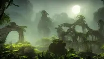 Epic jungle ruins in the bright moonlight, Highly Detailed,Intricate,Cinematic Lighting,Unreal Engine,Radiant,Fantasy