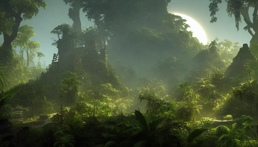 Epic jungle ruins in the bright moonlight, Highly Detailed,Intricate,Cinematic Lighting,Unreal Engine,Radiant,Fantasy