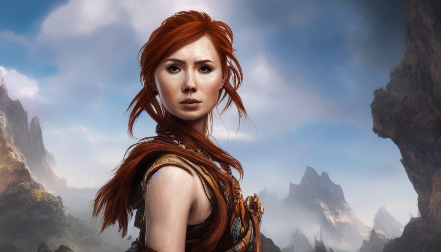 A portrait of Karen Gillan as Aloy from the Horizon video game in a scenic environment, 4k,High Resolution,HQ,Hyper Detailed,Digital Illustration,Sunny Day,CryEngine