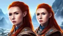 A portrait of Karen Gillan as Aloy from the Horizon video game in a scenic environment, 4k,High Resolution,HQ,Hyper Detailed,Digital Illustration,Sunny Day,CryEngine