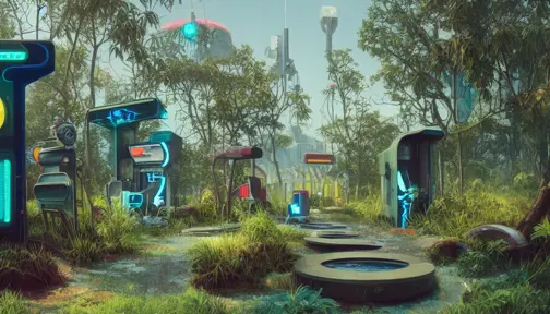 80s futuristic outdoor retro arcade, desolate, lush vegetation, Highly Detailed,Intricate,Artstation,Sharp Focus,Smooth,Octane Render,Centered,Dynamic,Elegant, by  Beeple,by Justin Gerard,by James Gilleard,by Simon Stalenhag
