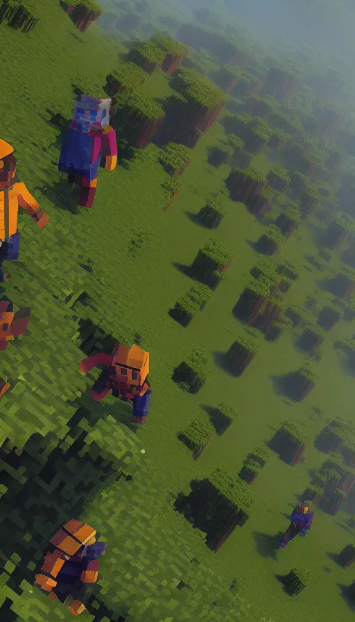 Closeup of Miners on green hills in Minecraft, 4k,3D Rendering,Pixel Art, by Dan Mumford,by Greg Rutkowski,by  WLOP