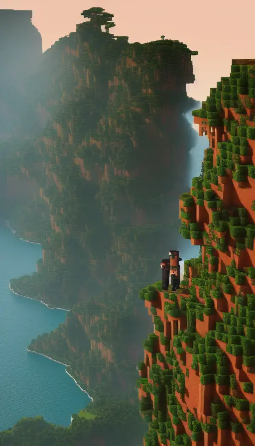 Closeup of 2 Miners overlooking green cliffs in Minecraft, 4k,3D Rendering,Pixel Art, by Dan Mumford,by Greg Rutkowski,by  WLOP