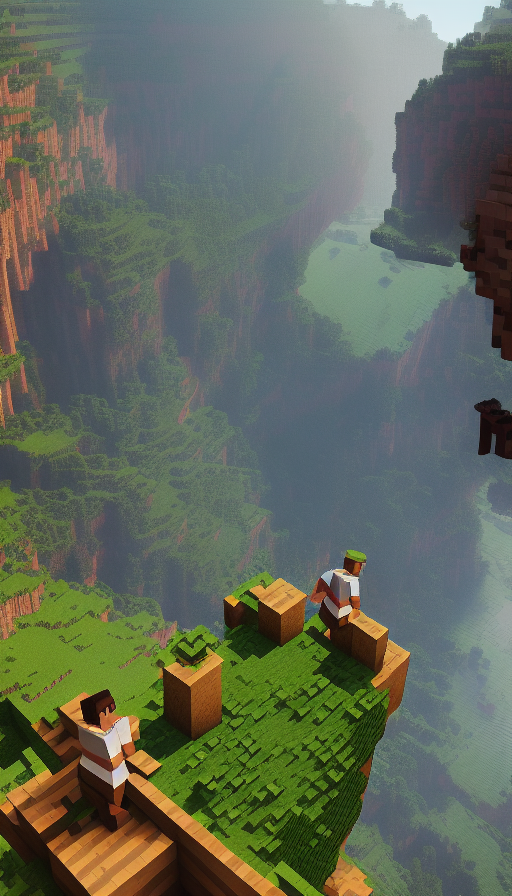 Closeup of 2 Miners overlooking green cliffs in Minecraft, 4k,3D Rendering,Pixel Art, by Dan Mumford,by Greg Rutkowski,by  WLOP