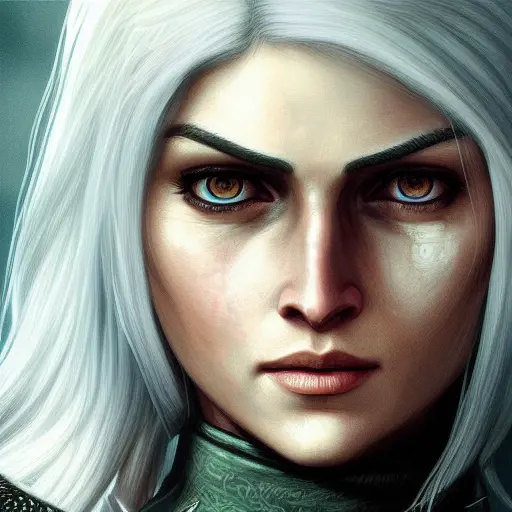 Closeup of Cirilla from The Witcher 3, Highly Detailed,Intricate,Artstation,Digital Painting,Illustration,D&D,Hearthstone,Sharp Focus,Matte,Concept Art,Fantasy,Elegant