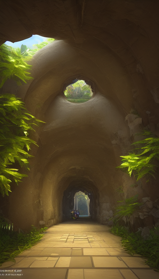 Arc hallway for secret overwatch habitation quarters carved inside a cave surrounding a lush garden, HD,Trending on Artstation,Unimaginable Beauty,Sharp Focus,3D Rendering,Unreal Engine,Natural Light,Concept Art,Naturalism