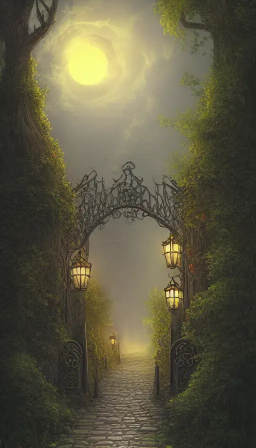 A beautiful digital illustration painting of a detailed gothic fantasy fireflies forest trees and iron gate cobblestone pathway vines full moon, 8k,Artstation,Digital Illustration,Isometric,Concept Art, by Justin Gerard,by James Gurney