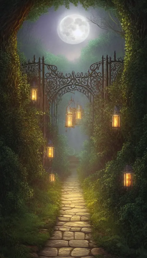 A beautiful digital illustration painting of a detailed gothic fantasy fireflies forest trees and iron gate cobblestone pathway vines full moon, 8k,Artstation,Digital Illustration,Isometric,Concept Art, by Justin Gerard,by James Gurney