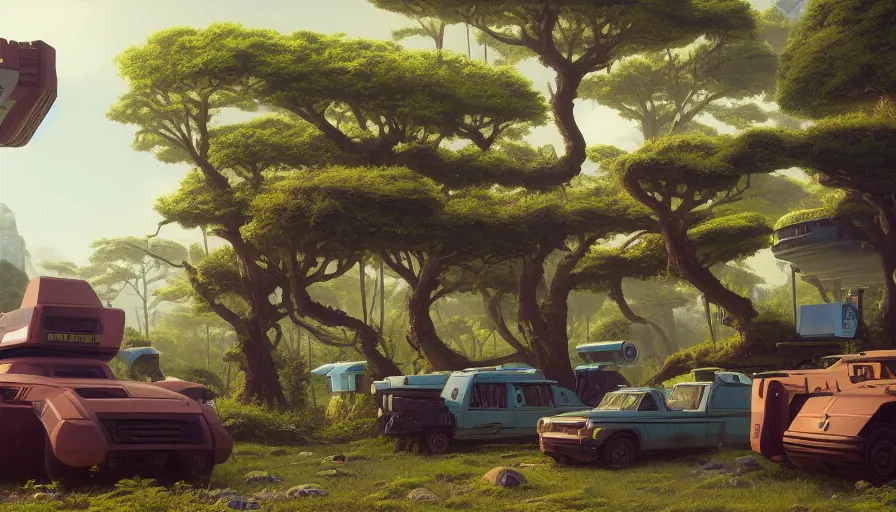 80s futuristic outdoor retro arcade, desolate, lush vegetation, Highly Detailed,Intricate,Artstation,Isometric,Sharp Focus,Smooth,Octane Render,Centered,Dynamic,Elegant, by  Beeple,by Justin Gerard,by James Gilleard,by Simon Stalenhag
