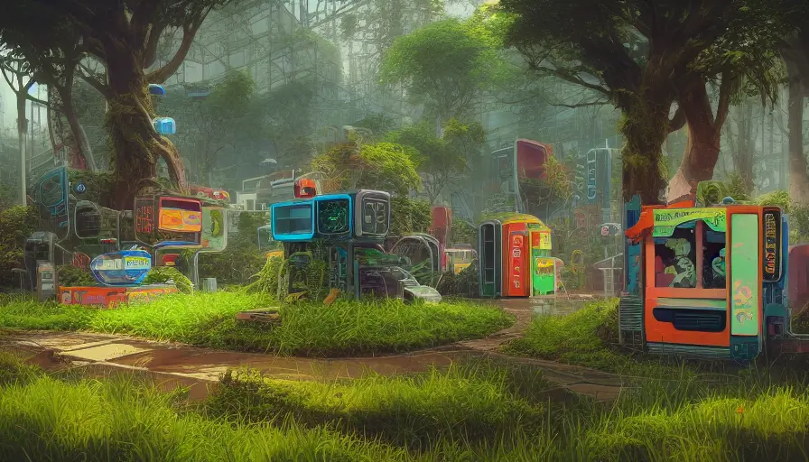 80s futuristic outdoor retro arcade, desolate, lush vegetation, Highly Detailed,Intricate,Artstation,Isometric,Sharp Focus,Smooth,Octane Render,Centered,Dynamic,Elegant, by  Beeple,by Justin Gerard,by James Gilleard,by Simon Stalenhag