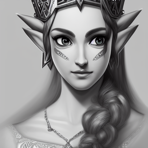 Black & White portrait of Princess Zelda, Highly Detailed,Intricate,Artstation,Beautiful,Digital Painting,Sharp Focus,Concept Art,Elegant