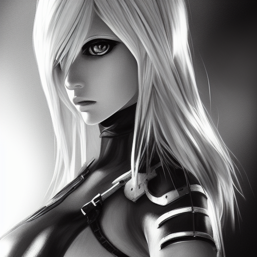 Black & White portrait of A2 from Nier Automata, Highly Detailed,Intricate,Artstation,Beautiful,Digital Painting,Sharp Focus,Concept Art,Elegant