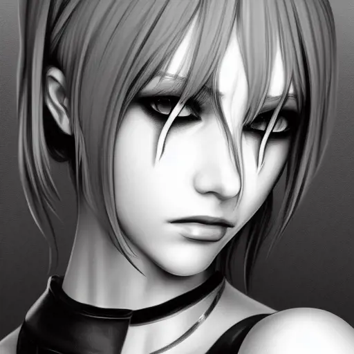 Black & White portrait of A2 from Nier Automata, Highly Detailed,Intricate,Artstation,Beautiful,Digital Painting,Sharp Focus,Concept Art,Elegant