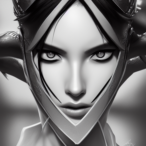 Black & White closeup of a beautiful female ninja, 8k,Highly Detailed,Artstation,Beautiful,Digital Illustration,Sharp Focus,Unreal Engine,Concept Art, by Stanley Artgerm Lau