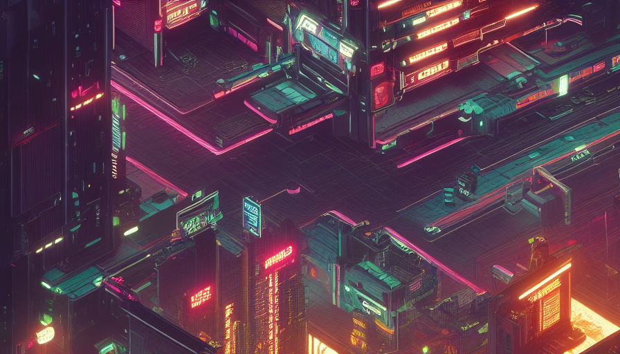 Night City from Cyberpunk 2077, High Resolution,Highly Detailed,Intricate,Artstation,Beautiful,Cyberpunk,Futuristic,Digital Painting,Isometric,Sharp Focus,Concept Art,Elegant