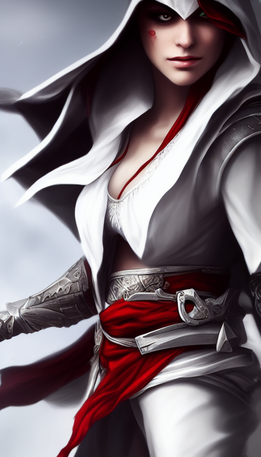 Female rouge assassin in white Assasin's Creed Style, 4k,Highly Detailed,Beautiful,Cinematic Lighting,Sharp Focus,Volumetric Lighting,Closeup Portrait,Concept Art