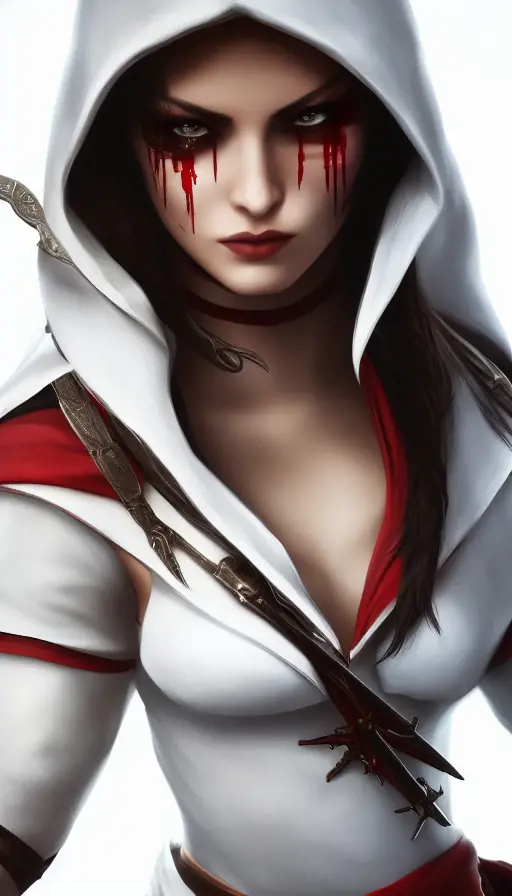Female rouge assassin in white Assasin's Creed Style, 4k,Highly Detailed,Beautiful,Cinematic Lighting,Sharp Focus,Volumetric Lighting,Closeup Portrait,Concept Art