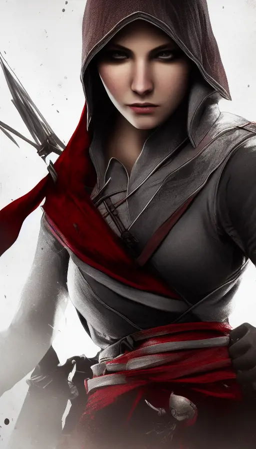 Female rouge assassin in Assassin's Creed II Style, 4k,Highly Detailed,Beautiful,Cinematic Lighting,Sharp Focus,Volumetric Lighting,Closeup Portrait,Concept Art