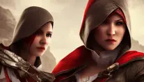 Female rouge assassin in Assassin's Creed II Style, 4k,Highly Detailed,Beautiful,Cinematic Lighting,Sharp Focus,Volumetric Lighting,Closeup Portrait,Concept Art